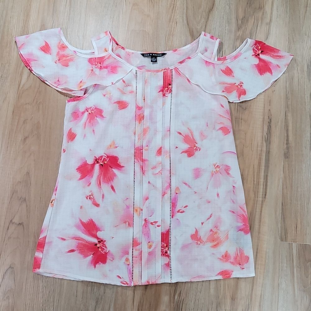 💜Zac & Rachel Pink Watercolor Floral Cold Shoulder Top Small